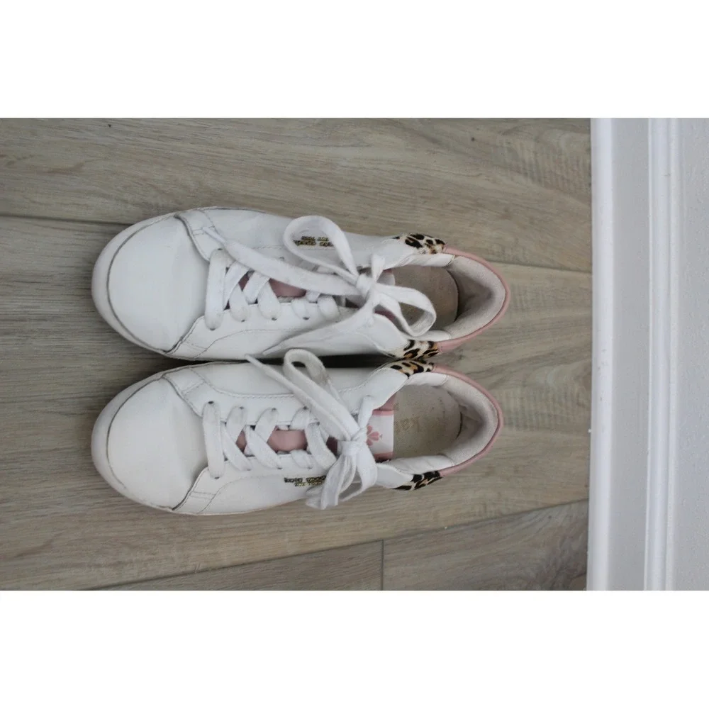 Kate Spade White Leather Leopard Calf Hair‎ Pink Trim Low Top Sneakers Size 8.5